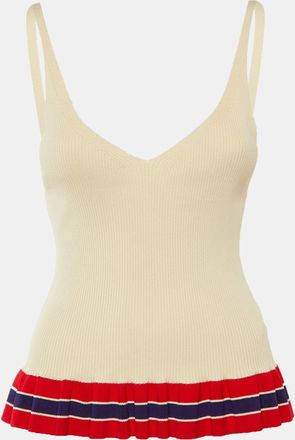 Sandro Beige Striped Rib Knit Ruffled Top