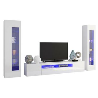 Dmora Sistema Modular De Pared Para Sal&oacute;n, Made In Italy, Mueble De Pared Y Mueble Para Tv, Juego De Sal&oacute;n Moderno, 300x40h162 Cm, Color Blanco Brillante, C