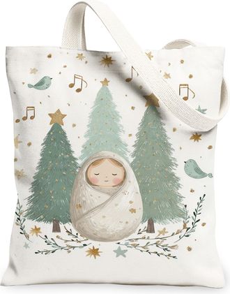 Generic Winter Fanciful Canvas Tote Bags, Cute Tree and Star Pattern Reusable Grocery Bags, Vintage Lightweight Washable Shoulder S, White, 13x15 Inch