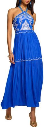 Ramy Brook Kenna Embroidered Tiered Halter Maxi Dress in Capri Blue at Nordstrom, Size Xx-Small