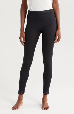 Hanro Lace Trim Rib Merino Wool & Silk Pajama Leggings in Black at Nordstrom, Size Small
