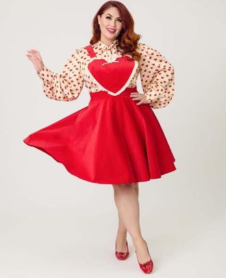 Unique Vintage Plus Size Bib Pinafore Skirt in Red Solid at Nordstrom, Size 5X