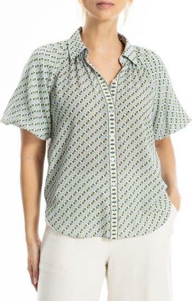 Max Studio Boyfriend Fit Bubble Sleeve Button-Up Shirt in Cream Blue Daisy Loops at Nordstrom Rack, Size X-Large