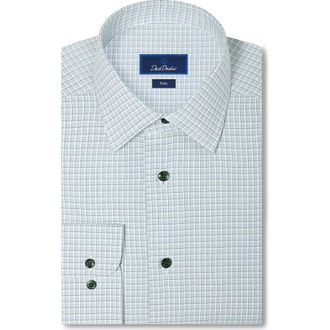 David Donahue Trim Fit Shadow Check Cotton Dress Shirt in White/hunter at Nordstrom, Size 16.5