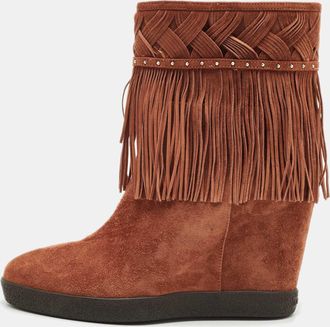 Le Silla Brown Suede Fringe Wedge Ankle Length Boots