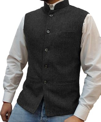 Solovedress Mens Herringbone Wool Vests Suit Business Tweed High Collar Waistcoats Slim Fit, Black, Medium