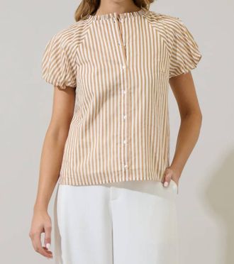 Sugarlips Neutral Striped Puff Sleeve Button Up Top In Taupe Multi