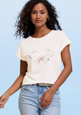 Vivance T-Shirt VIVANCE mit gl&auml;nzendem Frontprint, Damen, Gr. 32/34, creme, Single Jersey, Obermaterial: 50% Baumwolle, 50% Modal (TENCEL), bedruckt, Basic, R