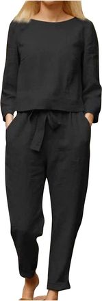 Generic Women Two Piece Outfits Tracksuits Linen Loungewear Sets Ladies Co Ords Round Neck Long Sleeve Tops and Trousers 2 Piece Jogger Outfit Casual Suit Vac