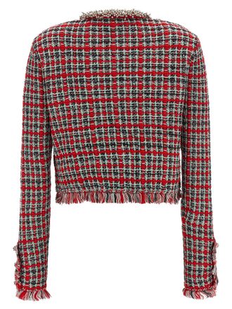 Self Portrait Check Tweed with Beaded Collar Jacket - Red