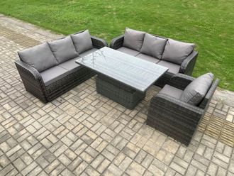Fimous 7 Seater Outdoor Rattan Garden Furniture Sets Height Adjustable Rising lifting Dining Table Sofa Set with Reclining Chair in Dark Grey