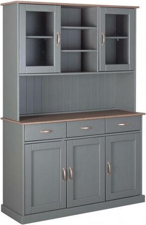 Dmora Buffet Avec 3 Portes Ferm&eacute;es, 2 Vitrines Et 3 Tiroirs, En Pin Massif Peint En Gris Avec Plateau Et Finitions Marron, 131x45x191 Cm - Dmora