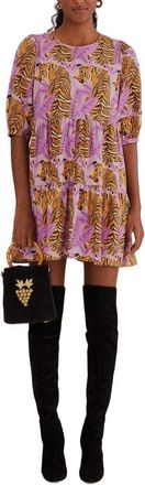 Farm Rio Tiger Leaves Lavender Puff Sleeve Mini Dress
