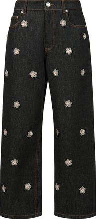 Marni Wide-Leg Black Ovine Leather Trousers with Floral Appliqu&eacute;s