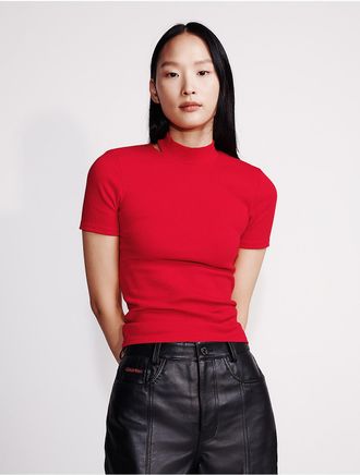 Calvin Klein Womens Cut Out Slim Crewneck T-Shirt - Red - XS