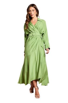 Coast Twill Long Sleeve Belted Wrap Dress in Green at Nordstrom, Size 4