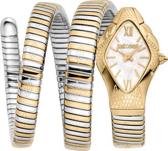 Just Cavalli Womens Snake Watch, Gold Color Case, White MOP Dial, Two Tone Silver & Stainless Steel Bracelet - Size 22