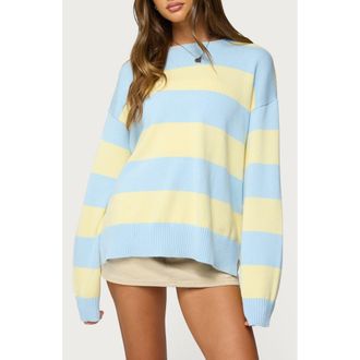 Edikted Riley Stripe Oversize Cotton Sweater in Light-Blue-And-Yellow at Nordstrom, Size X-Small