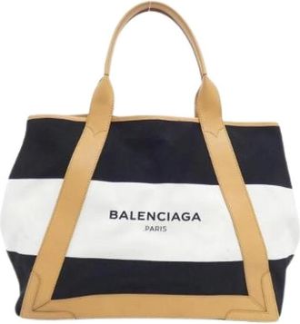 Balenciaga Pre-owned Tote Bags, male, Blue, Size: ONE SIZE Pre-owned Navy Stripe Cabas Canvas Tote Bag