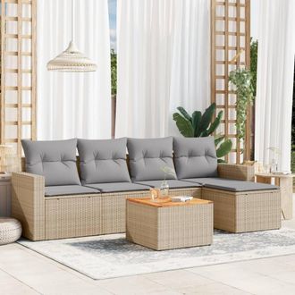 vidaXL Juego De Sof&aacute;s Jard&iacute;n Con Cojines 6 Pzas Rat&aacute;n Sint&eacute;tico Beige Vidaxl
