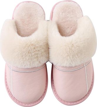 Generic Womens Leather Plush Slippers for Autumn and Winter, Waterproof Home Shoes,Pink,5.5 UK