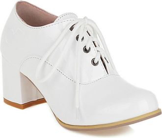 Generic Womens Patent Brogue Ankle Boots Lace-Up Chunky Heel Formal Shoes for Office Commute & Occasions,White,7.5 UK