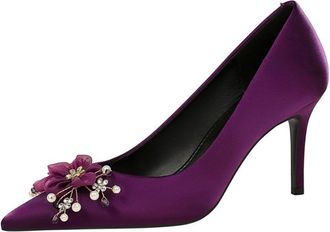 Generic Women Pointed Toe Stiletto High Heels 7CM Wedding Pumps Rhinestones Pearls Flower Lace Netting for Bride Prom Party (Purple,4.5)