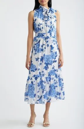 Anne Klein Floral Stripe Mock Neck Midi Dress in Marina Multi at Nordstrom Rack, Size X-Small