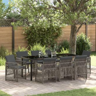 Berkfield Home 9 Piece Garden Dining Set with Cushions Grey Poly Rattan in Black