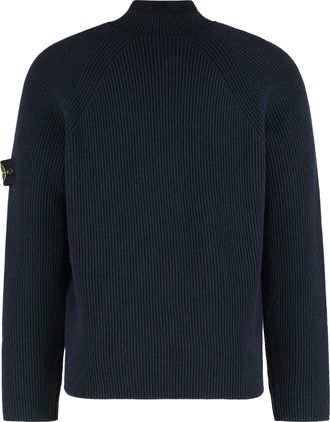Stone Island Mens Wool Sweater With Zip Detail Blue Virgin Sweatshirts