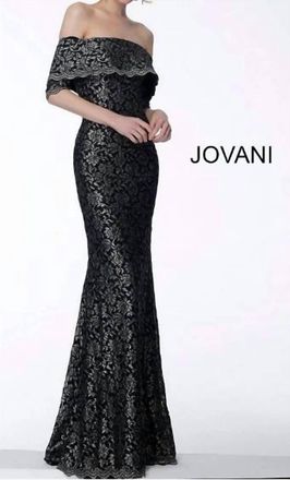 Jovani Off-The-Shoulder Lace Evening Gown In Black