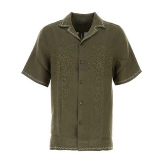 Frescobol Carioca Short Sleeve Shirts, male, Green, Size: L Flavio Embroidered Linen Shirt