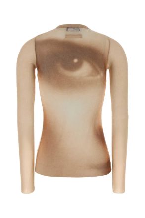 Jean Paul Gaultier Womens Mesh Long Sleeves Top Printed Face Beige Maglie Exterior: Nylon Sweater