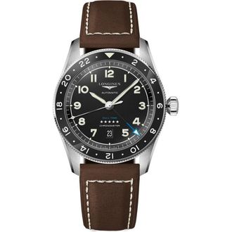 Longines Spirit Zulu Time Leather Strap Watch, 42mm in Black at Nordstrom