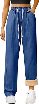 Generic Denim Joggers Women, Womens Fleece Lined Jeans Winter Thermal Straight Wide Leg Sherpa Inner Warm Denim Pants Elasticated High Waisted Baggy Jean Trou