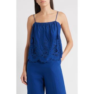 Farm Rio Richelieu Eyelet Embroidered Linen Blend Camisole in Blue at Nordstrom Rack, Size X-Large