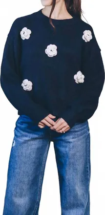 Wishlist 3D Flower Knit Sweater In Navy/cream - Hoc Winter