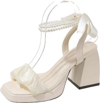 Generic Womens Bridal Wedding Shoes for Bride Open Toe Sandals Pearl Ankle Strap Bow-Tie Lacing for Bride Prom Party-numeric_5_point_5