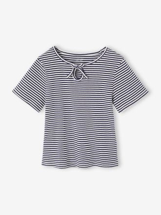 Vertbaudet T?Shirt M&auml;dchen mit Zierschleife am Hals blau gestreift