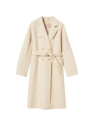 Twin-Set Brushed Ivory Long Coat with Double-Breasted Fastening