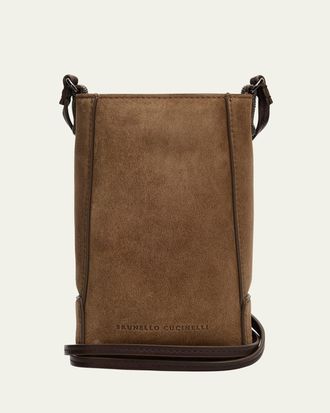 Brunello Cucinelli Mini Suede Phone Crossbody Bag with Monili Beading