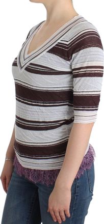 Ermanno Scervino Womens Striped Lace V-Neck Short Sleeve Top Sweater Rayon Blend