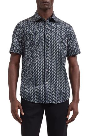 Bugatchi Miles OoohCotton Leaf Print Short Sleeve Button-Up Shirt in Khaki at Nordstrom, Size Xxx-Large