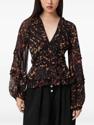AllSaints ruffled animal-print blouse - Black