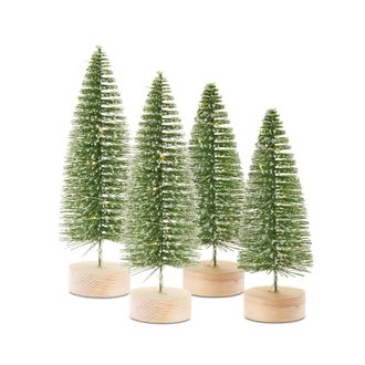 Melrose International LED Lighted Green Bottle Brush Tree with Wood Base and Gold Accent (Set of 4) - Green, White, Brown