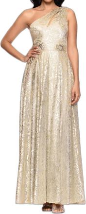 Betsy & Adam One-Shoulder Wrap Foil Floral Gown In Champagne Gold