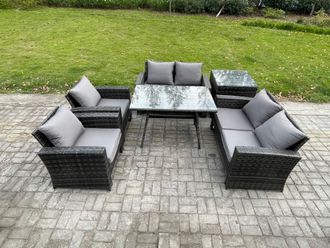 Fimous Rattan Garden Furniture Set 6 Seater Patio Outdoor Lounge Sofa Set with Rectangular Dining Table Love Seat Sofa in Dark Grey