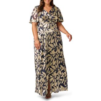 Adrianna Papell Metallic Leaf Jacquard Draped Gown in Navy/Gold at Nordstrom, Size 22W