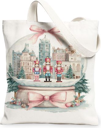 Generic Christmas Nutcracker Canvas Tote Bags, Vintage Winter Scene Lightweight Washable Shoulder Strap Reusable Grocery Bags for Travel, Beach, Picnic 13x15 