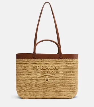 Prada Medium leather-trimmed raffia tote bag